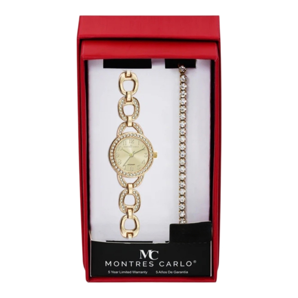 Women’s Gold-Tone Link Watch and Crystal Bracelet Set - Gold